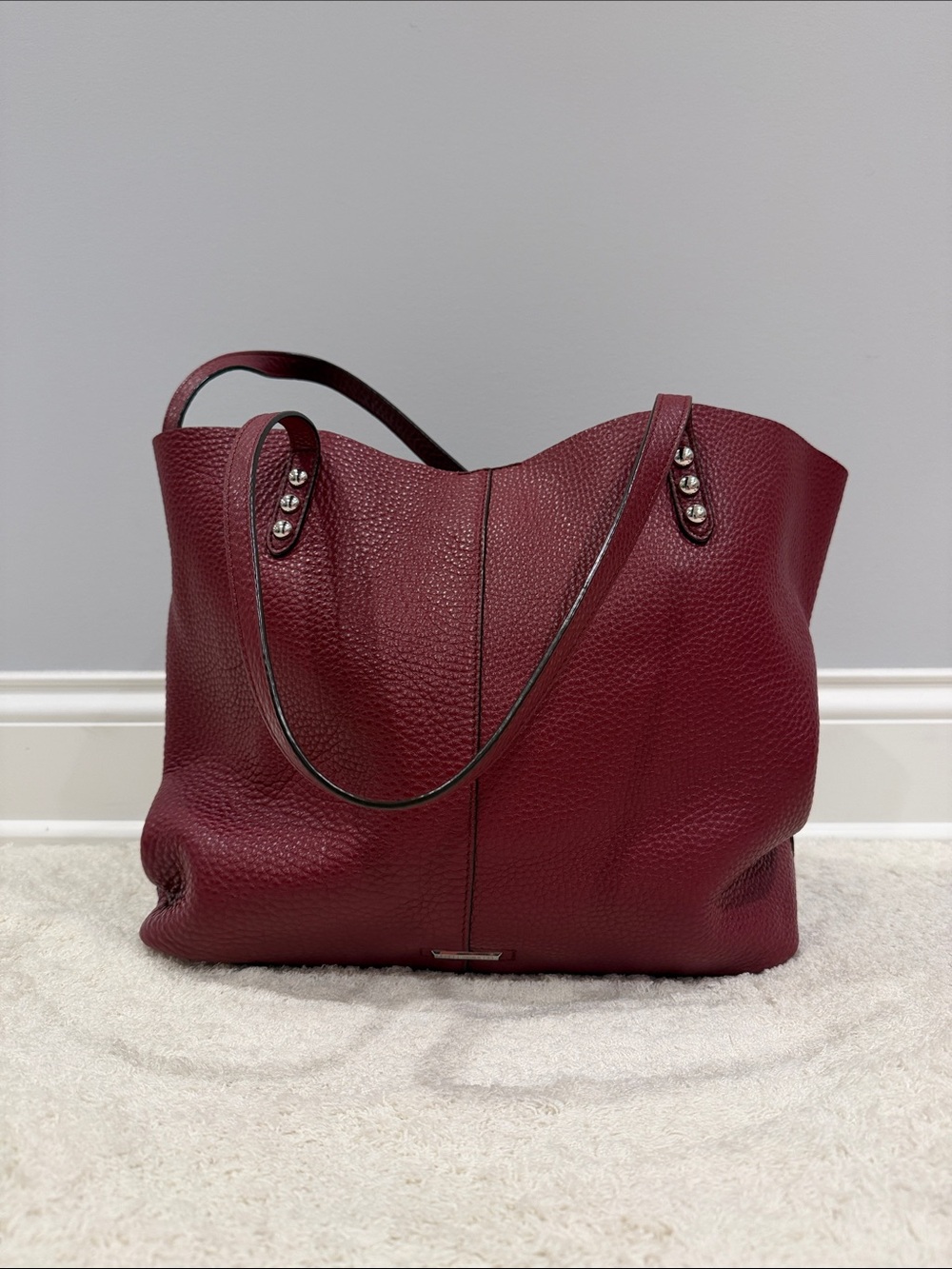 Rebecca Minkoff Burgundy Pebbled Leather Tote with Silver Studs